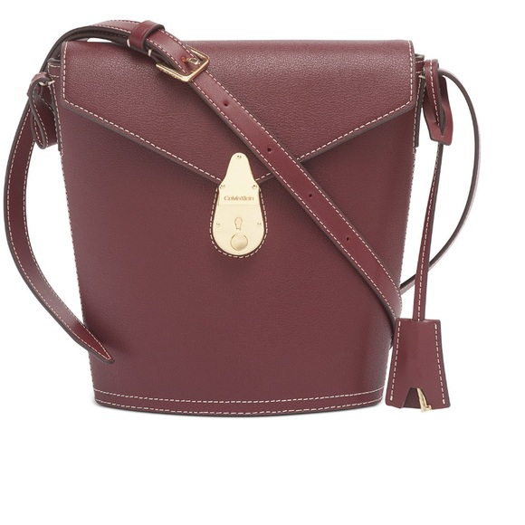 Calvin Klein Lock Bucket Leather Merlot Crossbody - Picture 1 of 13
